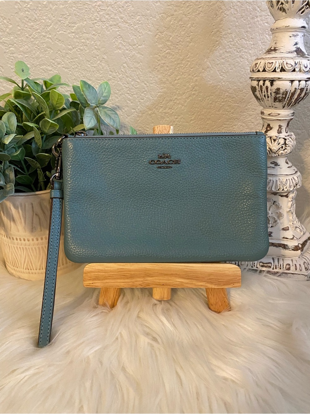 COACH Teal Leather Wristlet Pouch